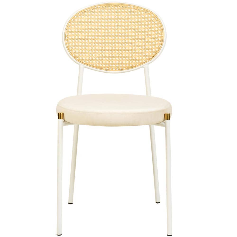Beige Velvet Side Chair with Rattan Back and White Metal Frame