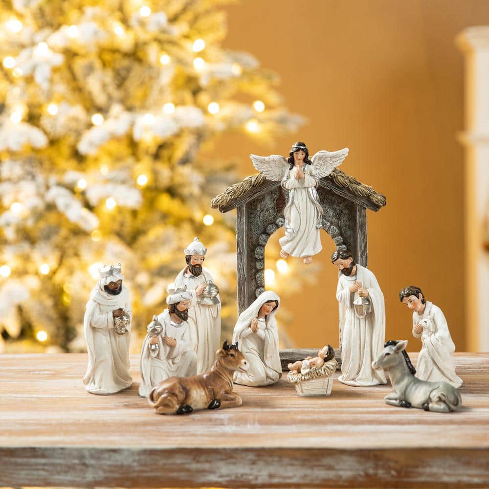Ivory Resin Nativity Scene Set with Angel and Holy Family