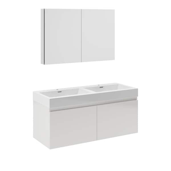Fresca Mezzo 48 in. Vanity in White with Acrylic Vanity Top in White with White Basins and Mirrored Medicine Cabinet