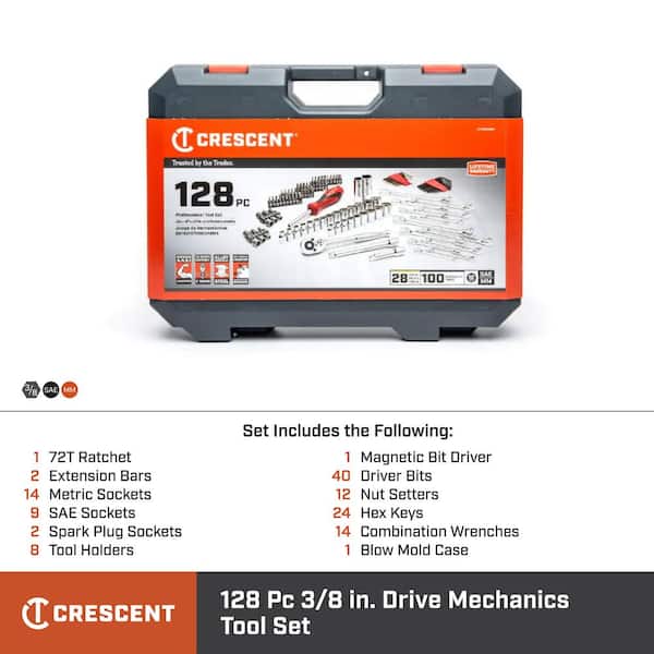3/8 in. Drive 12-Point Standard SAE/Metric Mechanics Tool Set with Case (128-Piece)