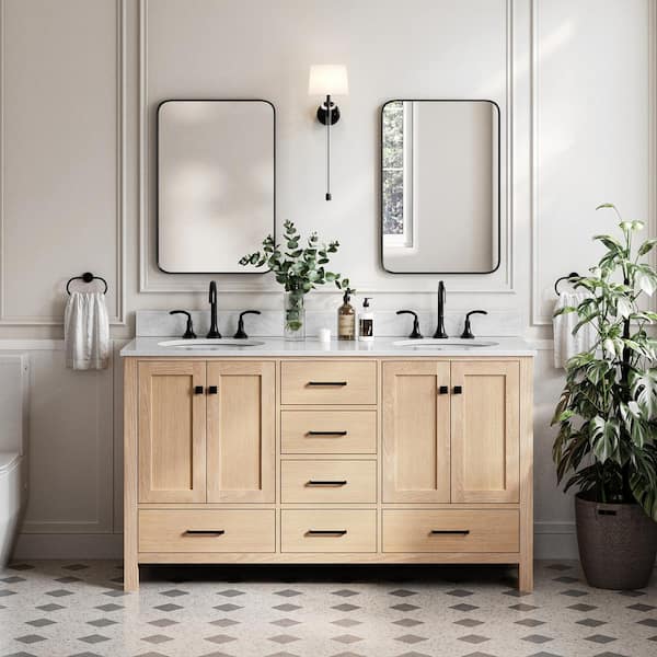 ARIEL Cambridge 61 in. W x 22 in. D x 35 in. H Double Freestanding Bath Vanity in Oak with Italian Carrara Marble Top