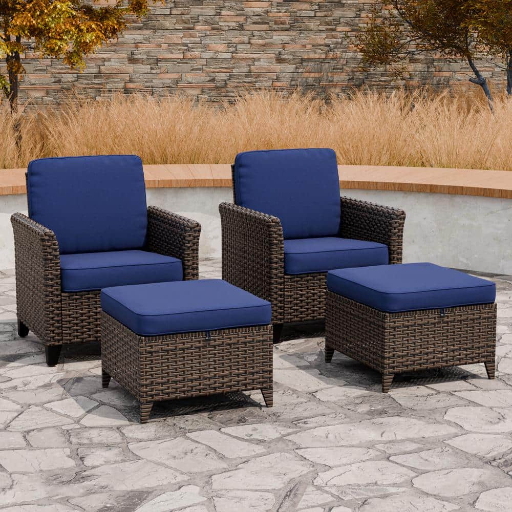 4-Piece Brown Wicker Patio Set with Blue Cushions and Ottomans