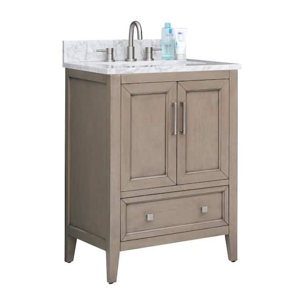 Everette 25 in. Single Sink Gray Oak Bath Vanity with Carrara White Marble Top