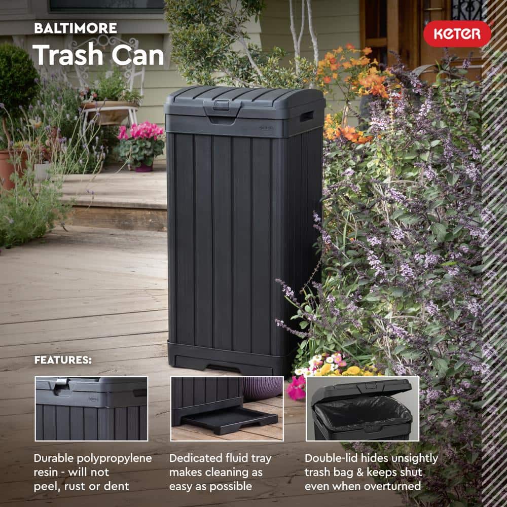 Baltimore Black Plastic Outdoor Trash Can with Pull-out Drawer