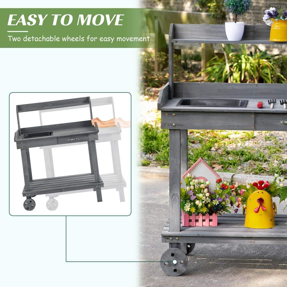 Gray Wooden Potting Bench with Sink and Storage