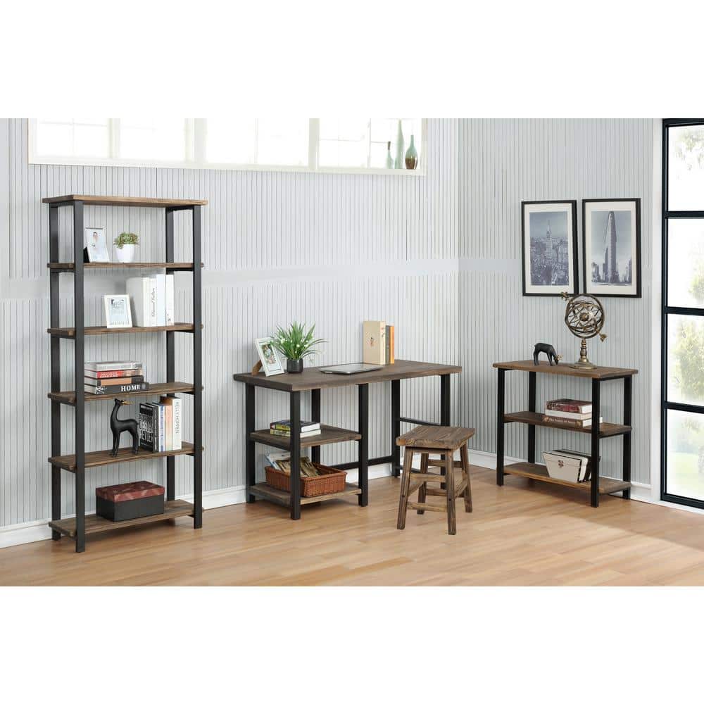 Modern Farmhouse 71" Black Pine Wood Bookcase with Metal Legs