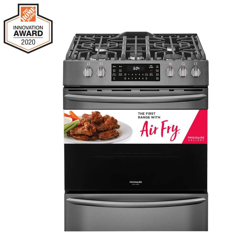 Frigidaire Gallery 30 In 5 6 Cu Ft Front Control Gas Range With Air Fry In Black Stainless Steel Fggh3047vd The Home Depot