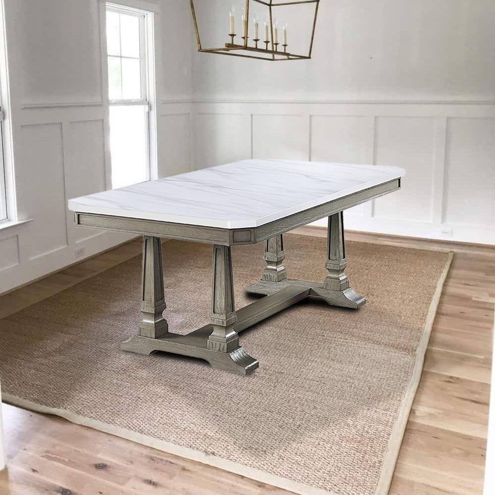 Elegant Transitional Marble-Top Extendable Dining Table in Weathered Oak