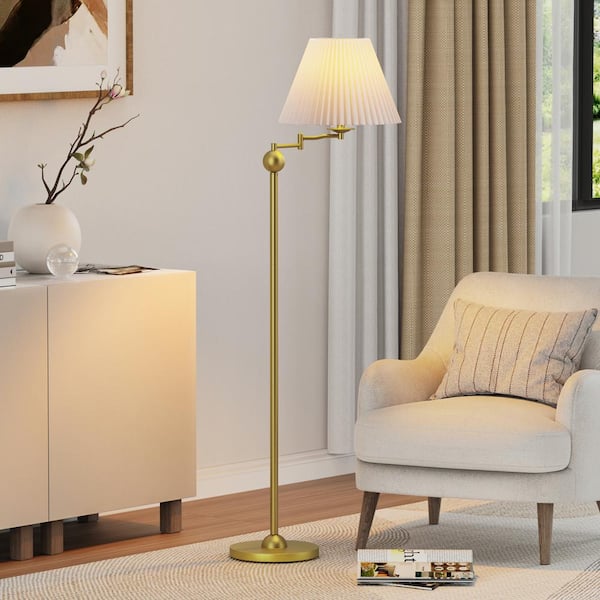 Alderston 65 in. Brass Standard Floor Lamp with White Linen Lampshade