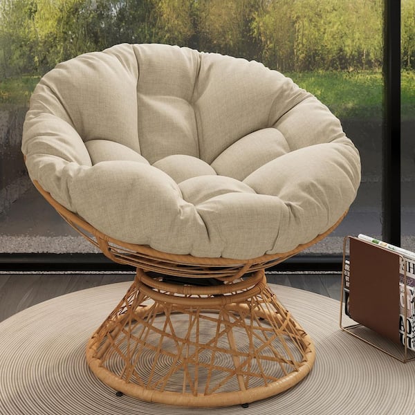 Harper & Bright Designs Outdoor and Indoor 360° Swivel Natural Wicker and Metal Frame Lawn Chair with Beige Olefin Fabric Cushion