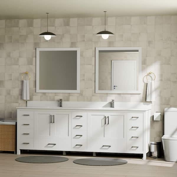 Lexora Jacques 84 in. W x 22 in. D White Double Bath Vanity, White Quartz Top, Faucet Set, and 34 in. Mirrors