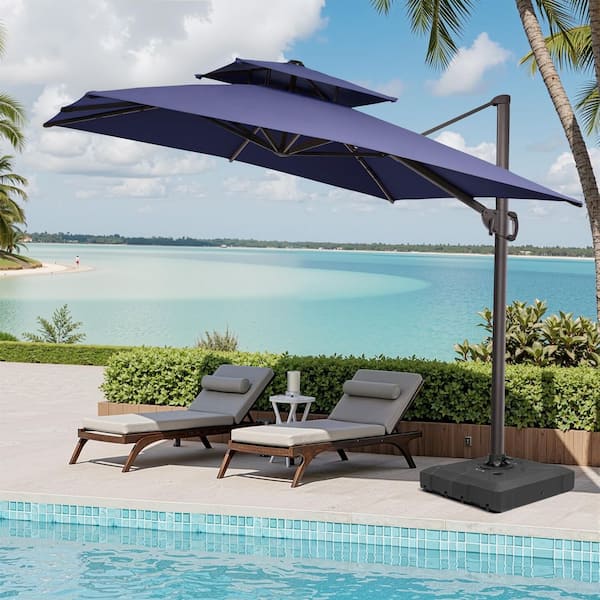 9 ft. x 11 ft. Large Outdoor Aluminum Cantilever 360° Rotation Tiltable Patio Umbrella in Navy Blue with Base