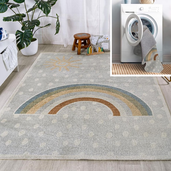 Minha Rainbow Dot Modern Machine-Washable Gray/Ivory/Yellow 4 ft. x 6 ft. Area Rug