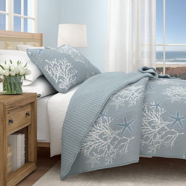 Blue Reversible Coastal Themed King Microfiber 3-Piece Quilt Set Bedspread