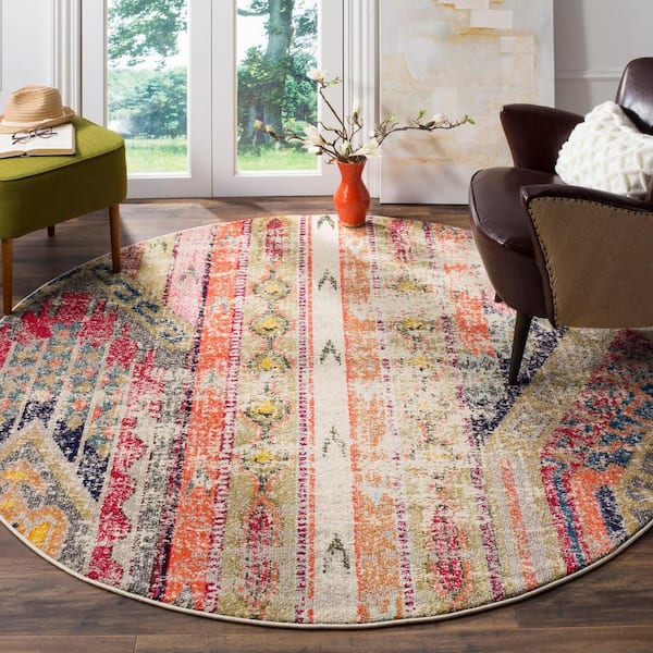 Monaco Light Gray/Multi 9 ft. x 9 ft. Round Distressed Area Rug