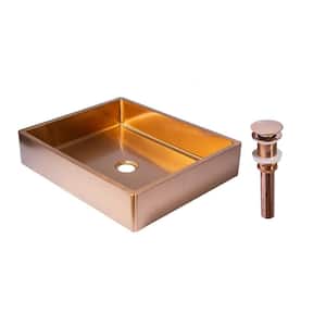 19 in. Rose Gold T304 Stainless Steel Rectangular Bathroom Vessel Sink Pop-Up Drain