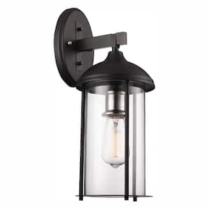 Blues 16.5 in. 1-Light Black and Brushed Nickel Outdoor Wall Light Fixture with Clear Glass