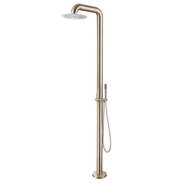 Outdoor Exposed Single-handle Freestanding Tub Faucet with Rainfall Shower Head and Hand Shower in Brushed Gold