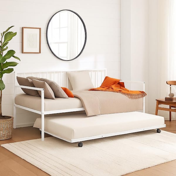 Ham White Slatted Open Metal Frame Twin Daybed with Pull Out Trundle