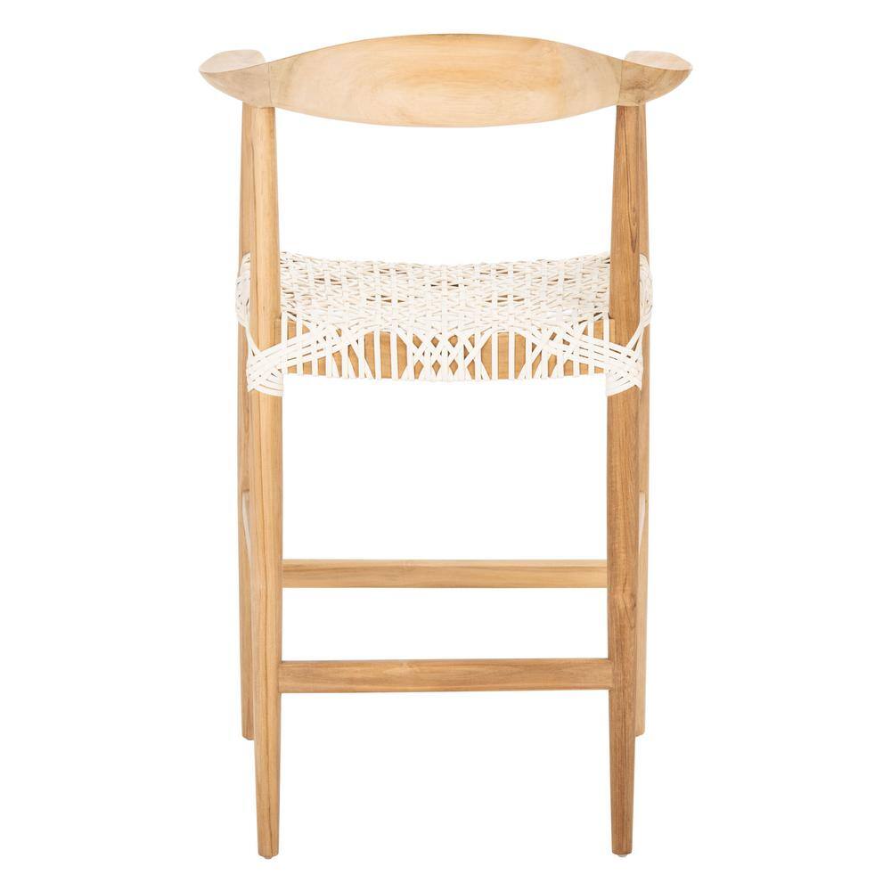 Curved Natural Teak & Woven White Leather Counter Stool