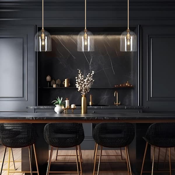 Modern 1-Light Stain Gold Kitchen Island Pendant Light with Bell Clear Glass Shade, Foyer Hanging Light, LED Compatible