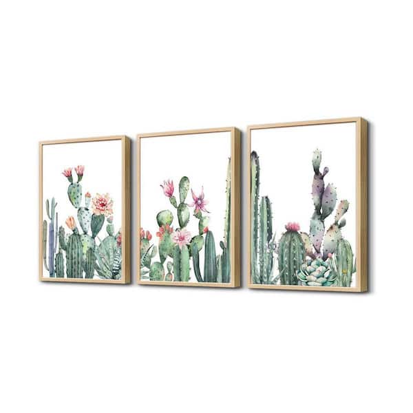 Unbranded 3 Piece Natural Wood Framed Green Succulent Cactus Wall Canvas Art Prints 16 in. x 12 in.