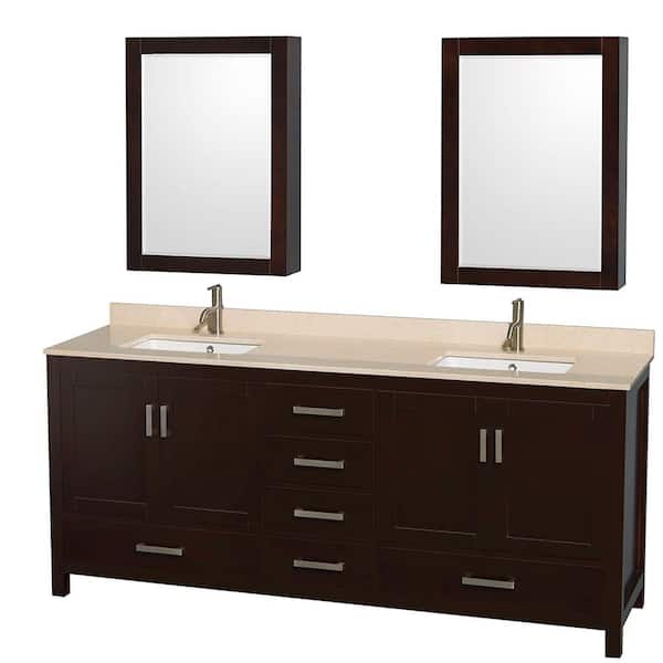 Wyndham Collection Sheffield 80 in. Double Vanity in Espresso with Marble Vanity Top in Ivory and Medicine Cabinets