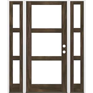 70 in. x 96 in. Modern Hemlock Left-Hand/Inswing 3-Lite Clear Glass Black Stain Wood Prehung Front Door with Sidelites