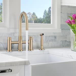 Double Handle Bridge Kitchen Faucet with Side Sprayer, Deck Mount 4 Holes Kitchen Sink Faucet in Brushed Gold