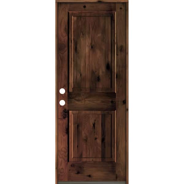 Krosswood Doors 30 in. x 80 in. Rustic Knotty Alder Square Top Red Mahogony Stain Right-Hand Inswing Wood Single Prehung Front Door