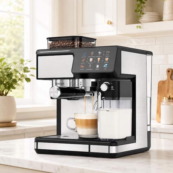2-Cup 3-in-1 Espresso Machine Coffee Maker in Silver with Built-in Grinder, Hot and Cold Brew and IMD panel