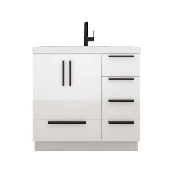 Carla 36 in. W x 20 in. D x 35 in. H Single Sink Freestanding Bath Vanity in Gloss White with White Acrylic Top