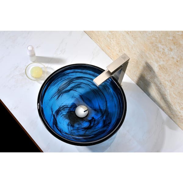 Soave Series 17 in. Bathroom Vessel Sink with Scratch-Tough and Stain-Resistant Surface in Sapphire Wisp Glass