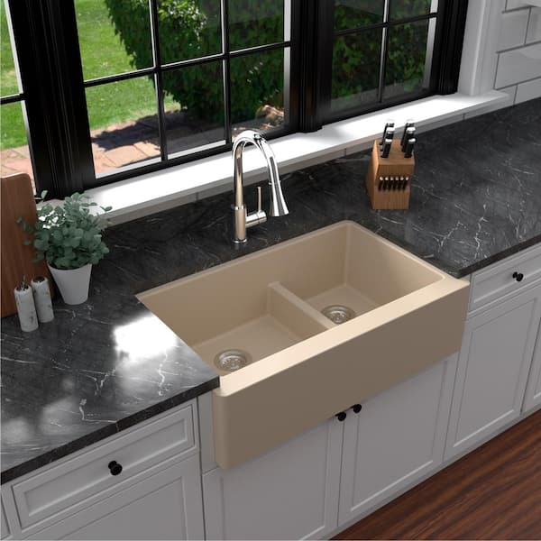 Karran Farmhouse/Apron-Front Quartz Composite 34 in. Double Offset Bowl Kitchen Sink in Bisque