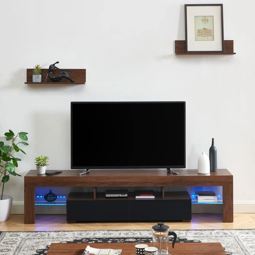 Edwin's Choice 79 in. Dark Walnut & Black Wooden TV Stand with 2