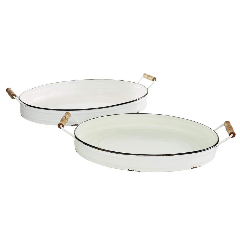 Farmhouse White Metal Tray Set with Wooden Handles, 2-Piece