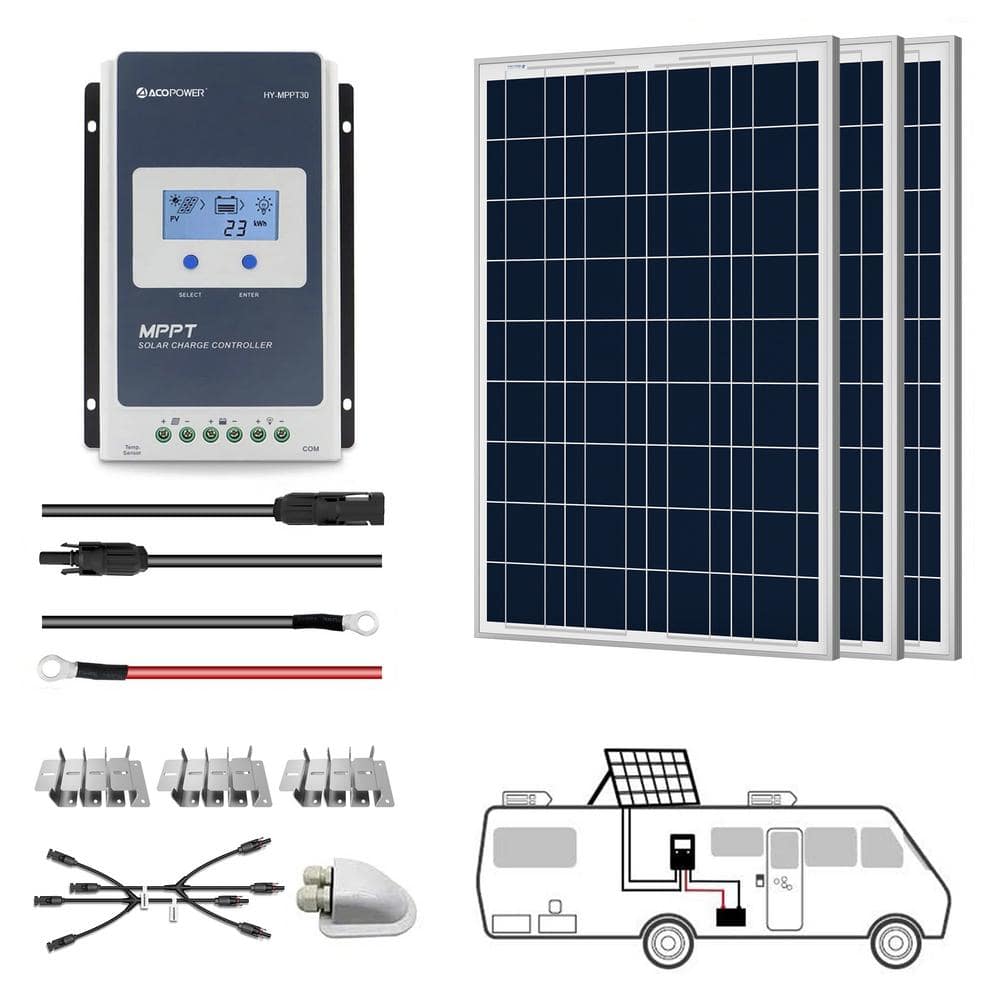 ACOPower 300-Watt Polycrystalline OffGrid Solar Power Kit with 3 x 100-Watt Solar Panel, 30 Amp MPPT Charge Controller