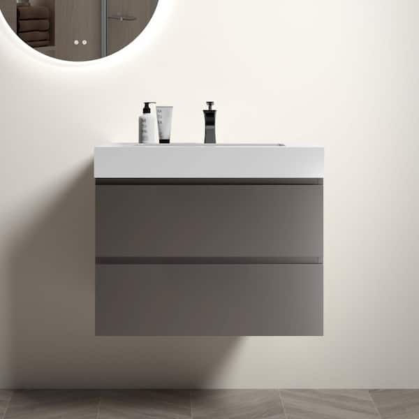 30" Gray Floating Bathroom Vanity with White Sink, Pre-assembled