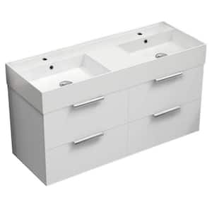 Derin 47.64 in. W x 18.11 in. D x 25.2 H Double Sink Wall Mounted Bathroom Vanity in Glossy white with White Ceramic Top