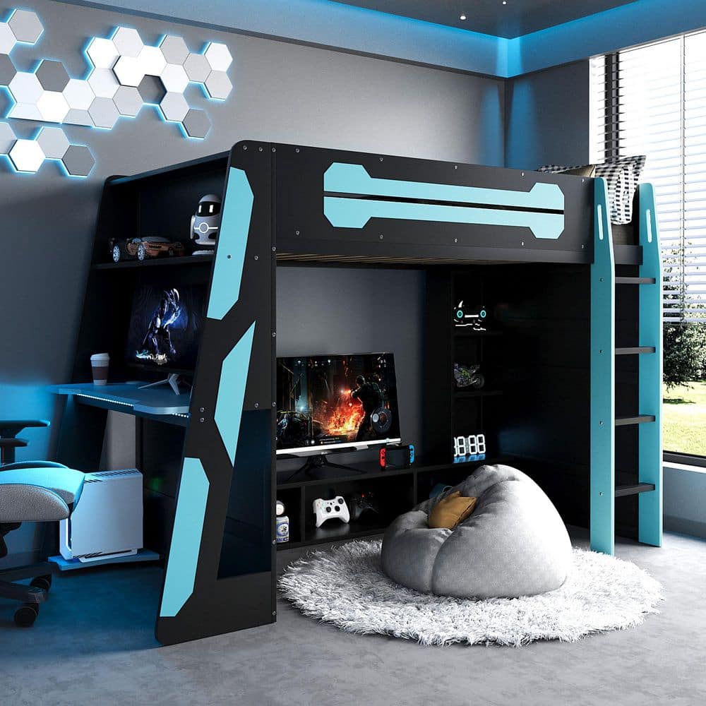 Blue Twin Wood Loft Bed with Desk, Multi-storage Shelves and RGB Light price history on PriceWatchPro