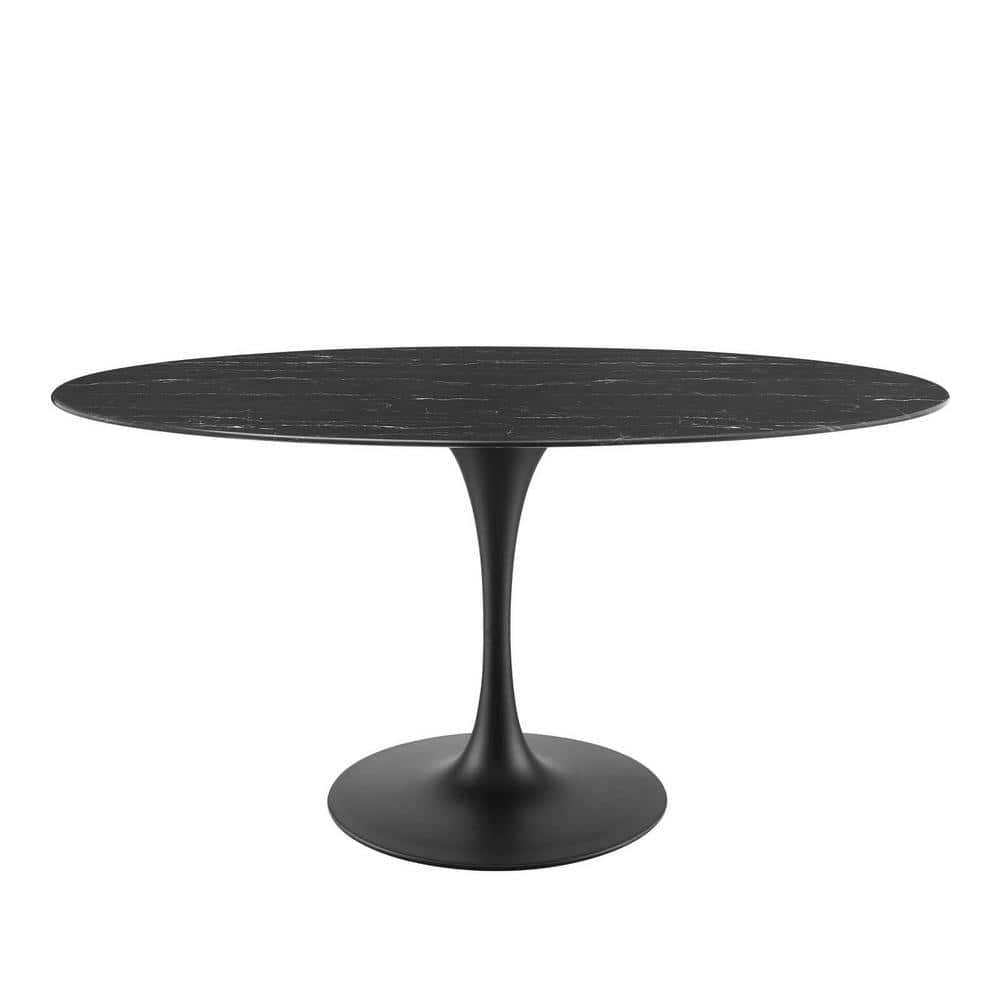 Modern Mid-Century 60" Oval Marble & Wood Dining Table in Black