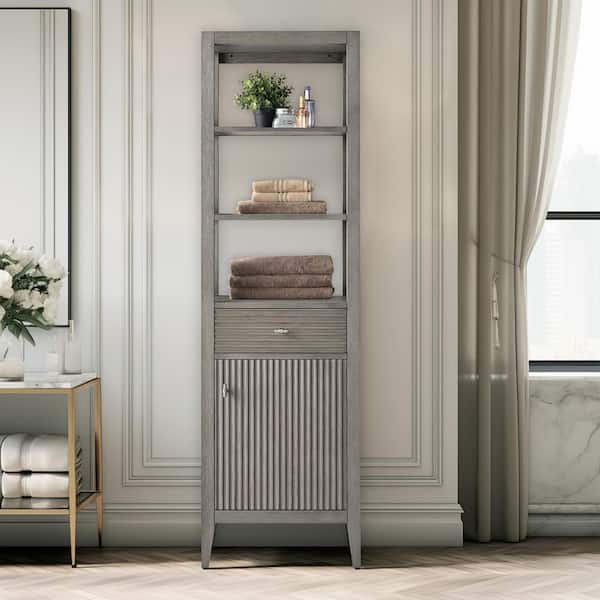 21 in. W x 17 in. D x 72 in. H Linear Driftwood Gray Freestanding Linen Cabinet for Bathroom and Living Room
