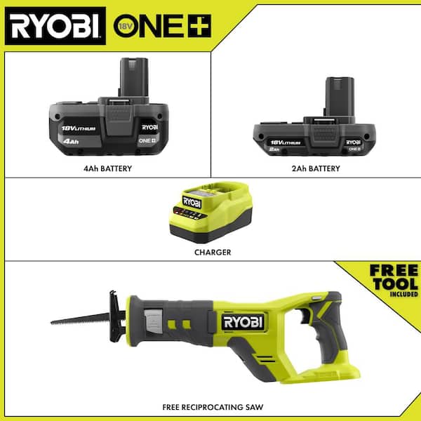 ONE+ 18V Lithium-Ion Kit with 2.0 Ah and 4.0 Ah Batteries, Charger with ONE+ 18V Cordless Reciprocating Saw