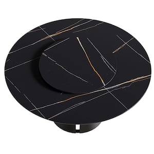 59.05 in. Lazy Susan Rotary Round Black Sintered Stone Dining Table with Black Metal Legs (Seat 8)