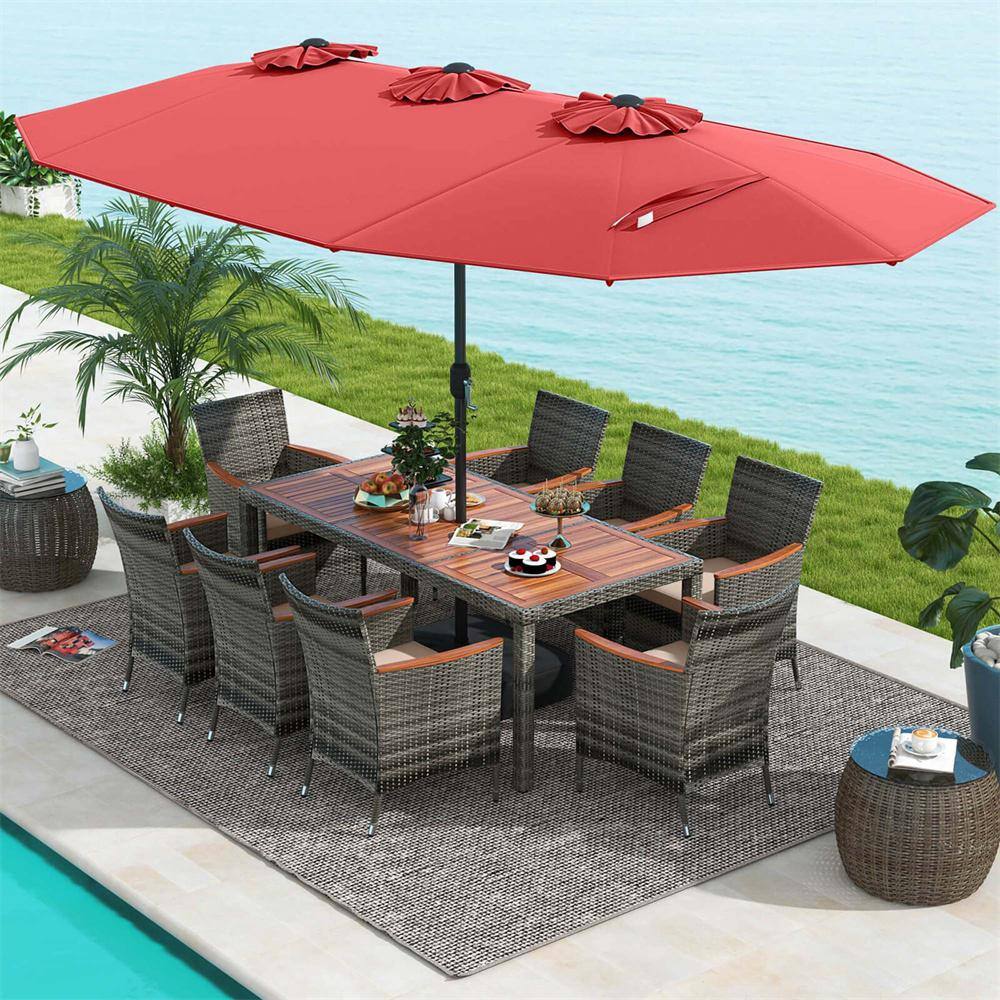10-Piece Wicker Rectangle Outdoor Dining Set with Beige Neutral Cushions and Red Umbrella price history on PriceWatchPro