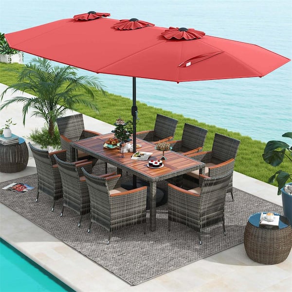 10-Piece Wicker Rectangle Outdoor Dining Set with Beige Neutral Cushions and Red Umbrella