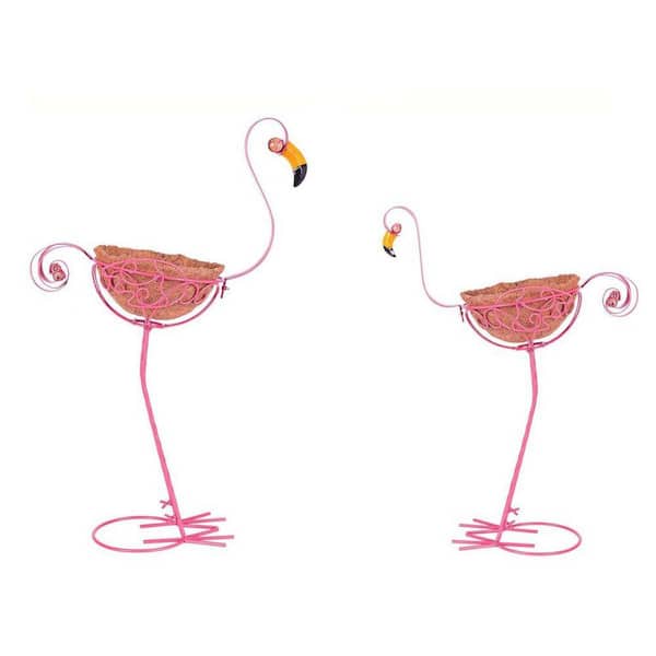 Set of 2 Pink Metal Flamingo Indoor/Outdoor Planters with Basket
