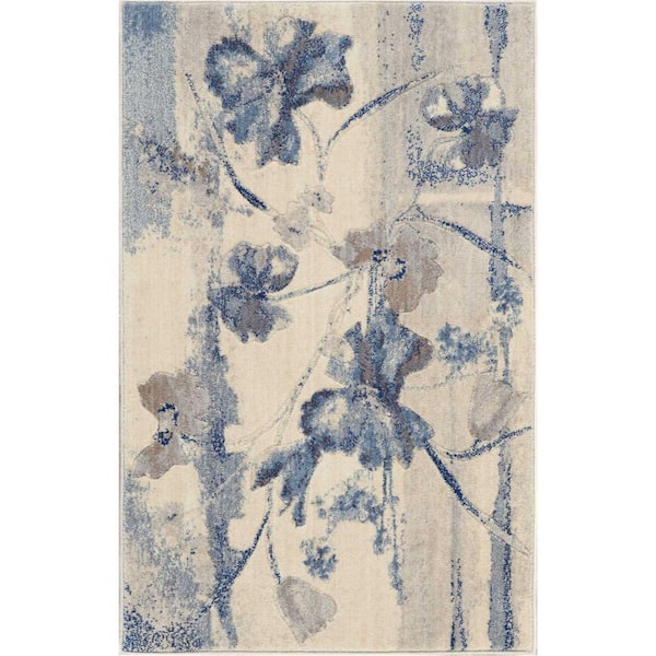 Nourison Somerset Ivory/Blue Doormat 3 ft. x 4 ft. Floral Contemporary Area Rug