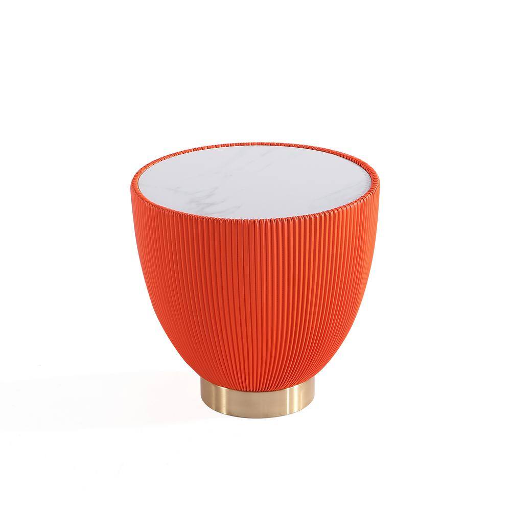 Orange Pleated Leatherette and Gold Metal Round Accent Table Set