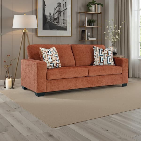 Avie 85 in. Square Arm Polyester Rectangle Shape with 2 Accent Pillow Sofa in. Burnt Orange and Black